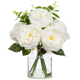 Real Touch Peonies Artificial Flowers Arrangements In Vase White Fake Peonies With Glass Vase Silk David Austin Roses Faux Flowers With Clear Faux Water Bouquet Table Centerpiece Home Decor