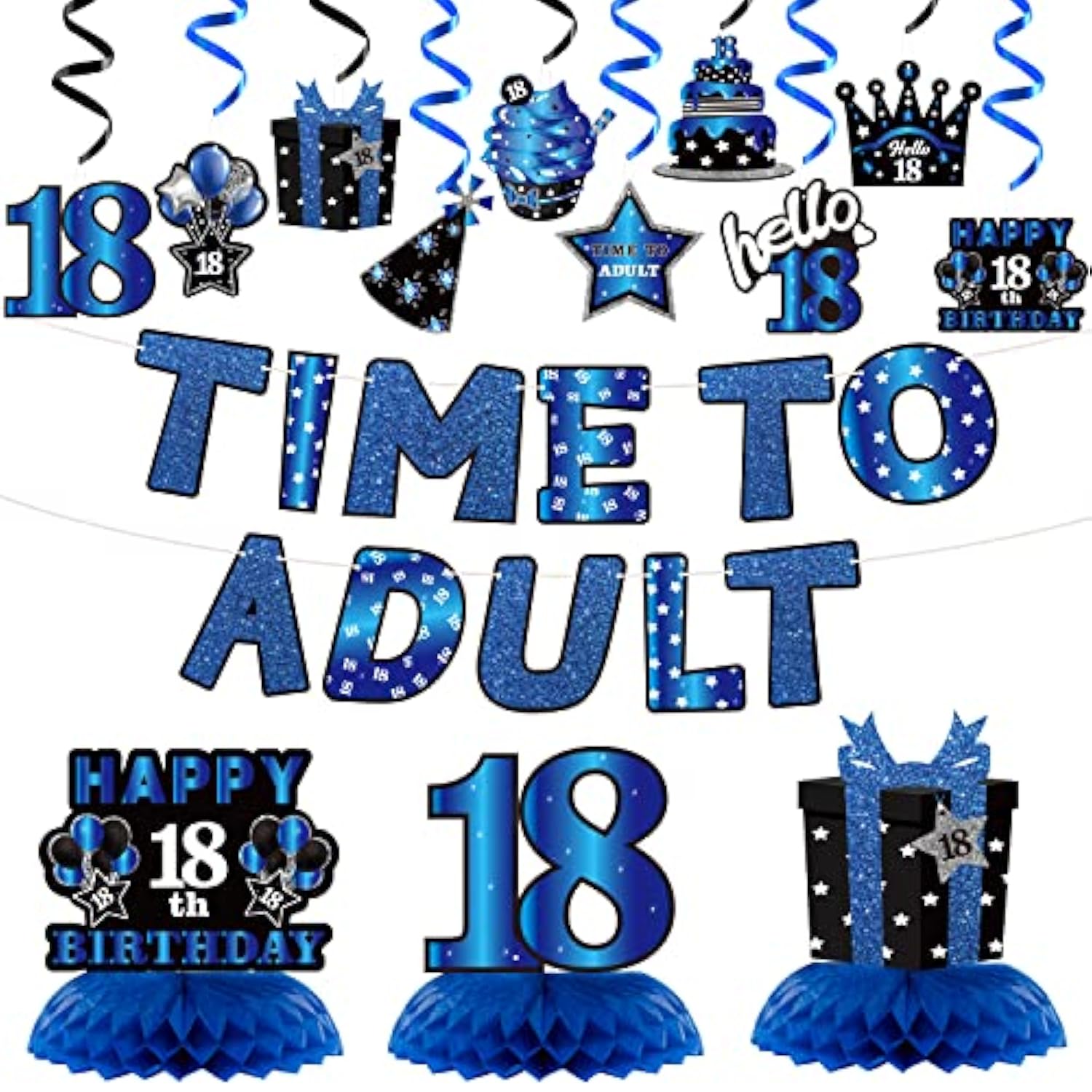 26Pcs 18th Birthday Decorations, Blue & Black Banner, Swirls & Honeycomb Centerpieces