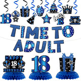26Pcs 18th Birthday Decorations, Blue & Black Banner, Swirls & Honeycomb Centerpieces