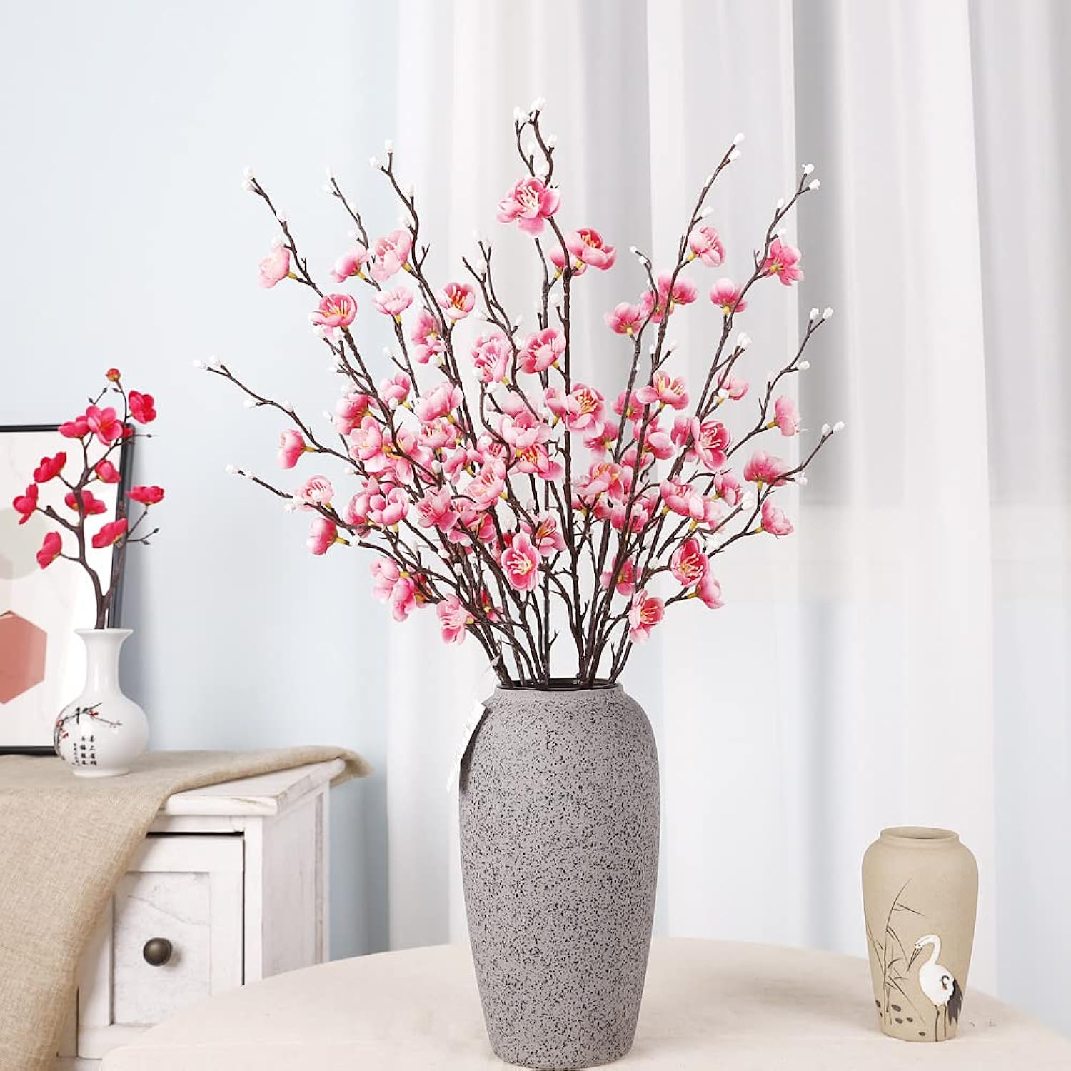6 Pcs Artificial Plum Blossom Fake Wintersweet Long Stem Plastic Flowers Home Hotel Office Wedding Party Garden Decor 21.5'' High Pink
