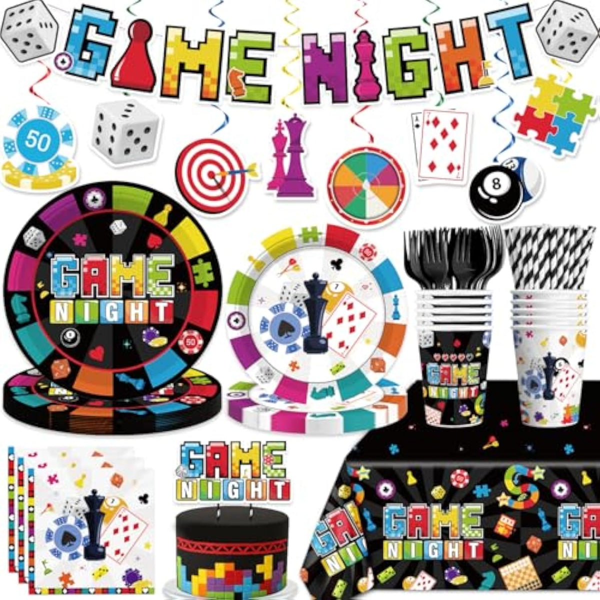 162Pcs Game Night Decorations Tableware, With Cake Toppers, 25 Serves Disposable Tableware Set, With Banner, Plates, Napkins, And Cups, Tablecloth For Game Night Party Decorations