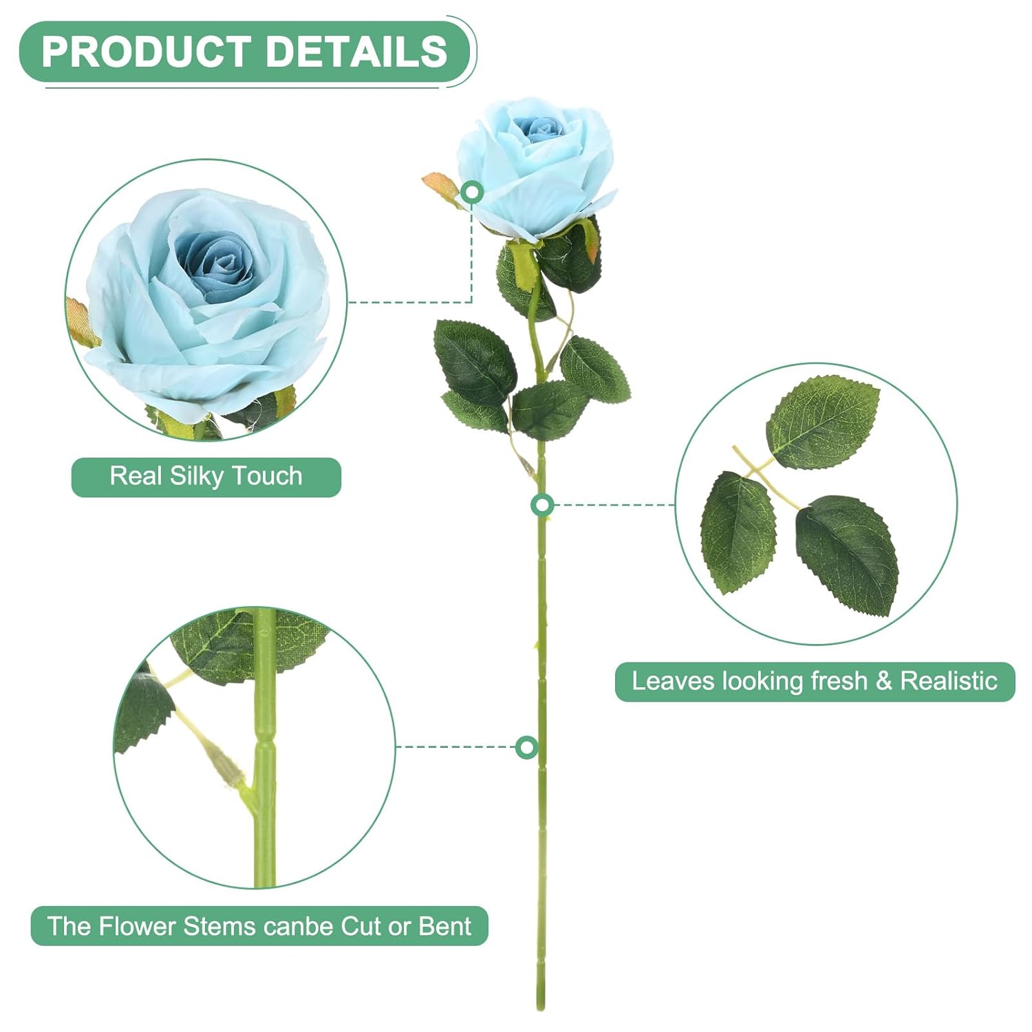 20-Pack Rose Artificial Flowers With Long Stem, Silk Faux Roses Plastic Bouquets Real Touch Faux Flowers For Home Decor/Wedding/Christmas/Diy/Party/Garden Office [Dark Light Blue]