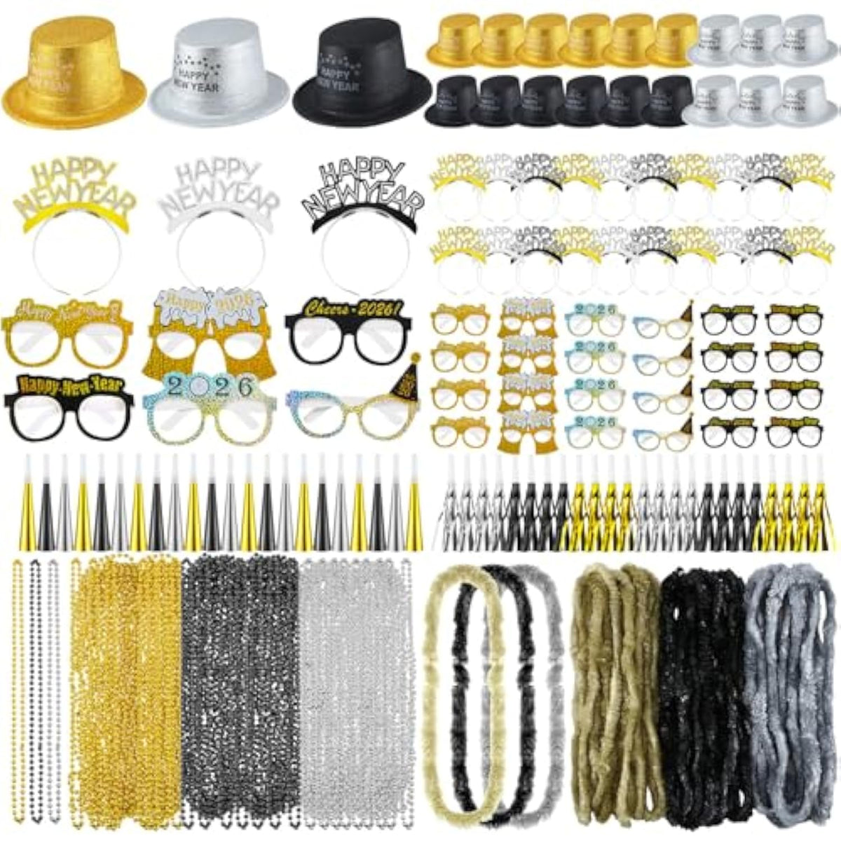96Pcs New Year Eve 2026 Party Supplies Hats Glasses Necklaces Blowouts for 24 Guests