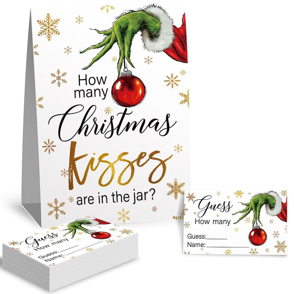 How Many Cristmas Kisses Are In The Jar Christmas Theme Party Sign, Snowflake Decorations Theme Party Game Card Kit (1 Sign & 50 Guessing Cards), Festive Activities Party Games Card-16