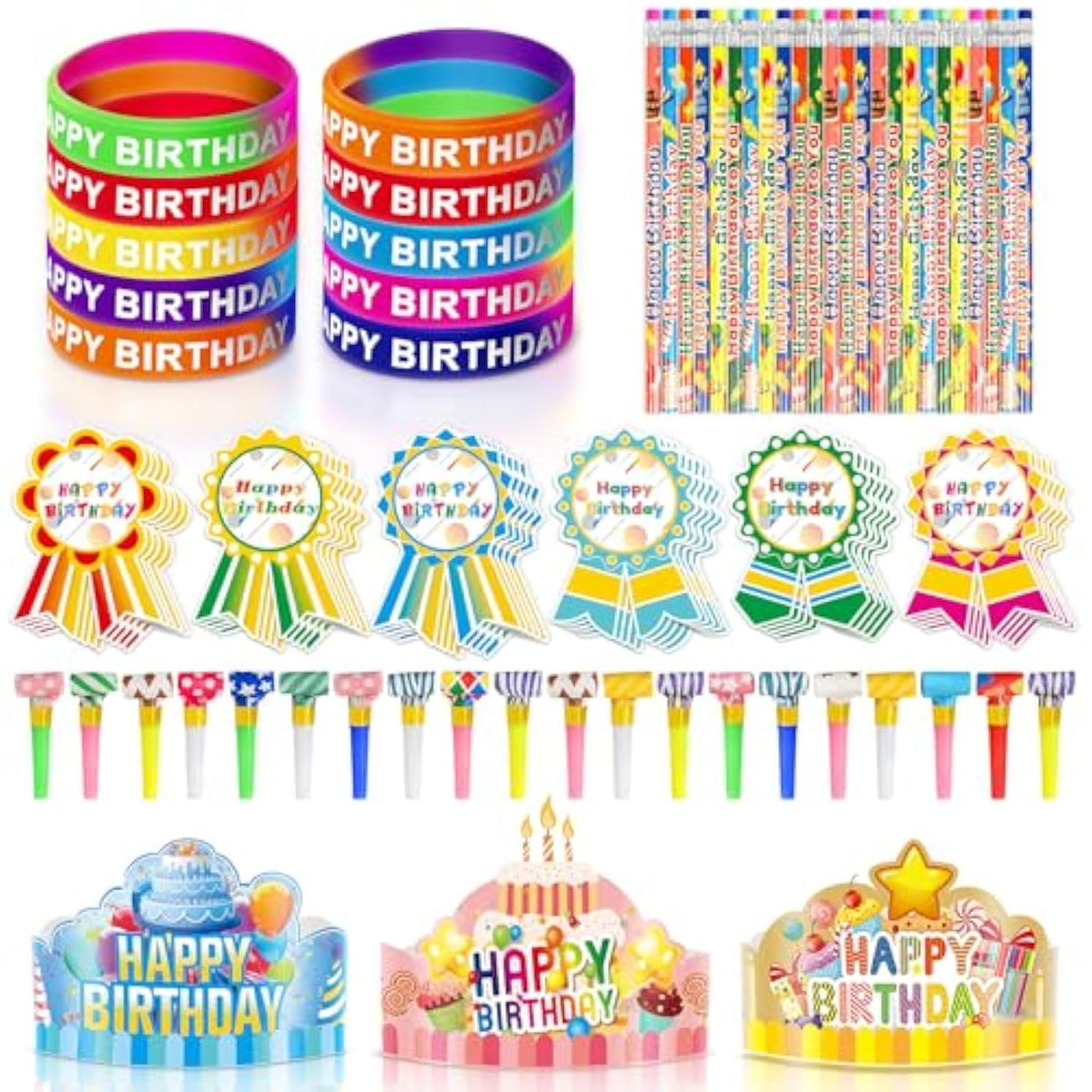 150 Pcs Happy Birthday Kits For Kids Classroom - Include Adjustable Happy Birthday Crowns, Whistles, Colored Silicone Stretches, Badge Stickers, Pencils - School Classroom Students Party Supplies