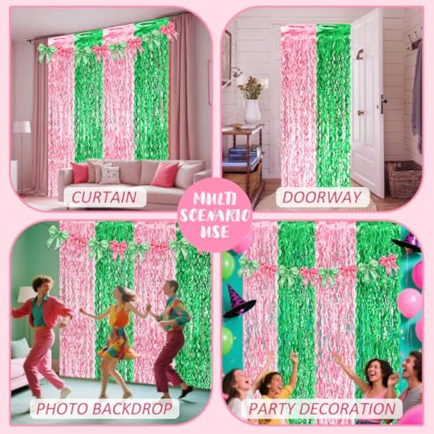 2 Pack Pink Green Foil Fringe Curtains 3.3x6.6 Ft for Birthday Party Decor