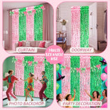 2 Pack Pink Green Foil Fringe Curtains 3.3x6.6 Ft for Birthday Party Decor