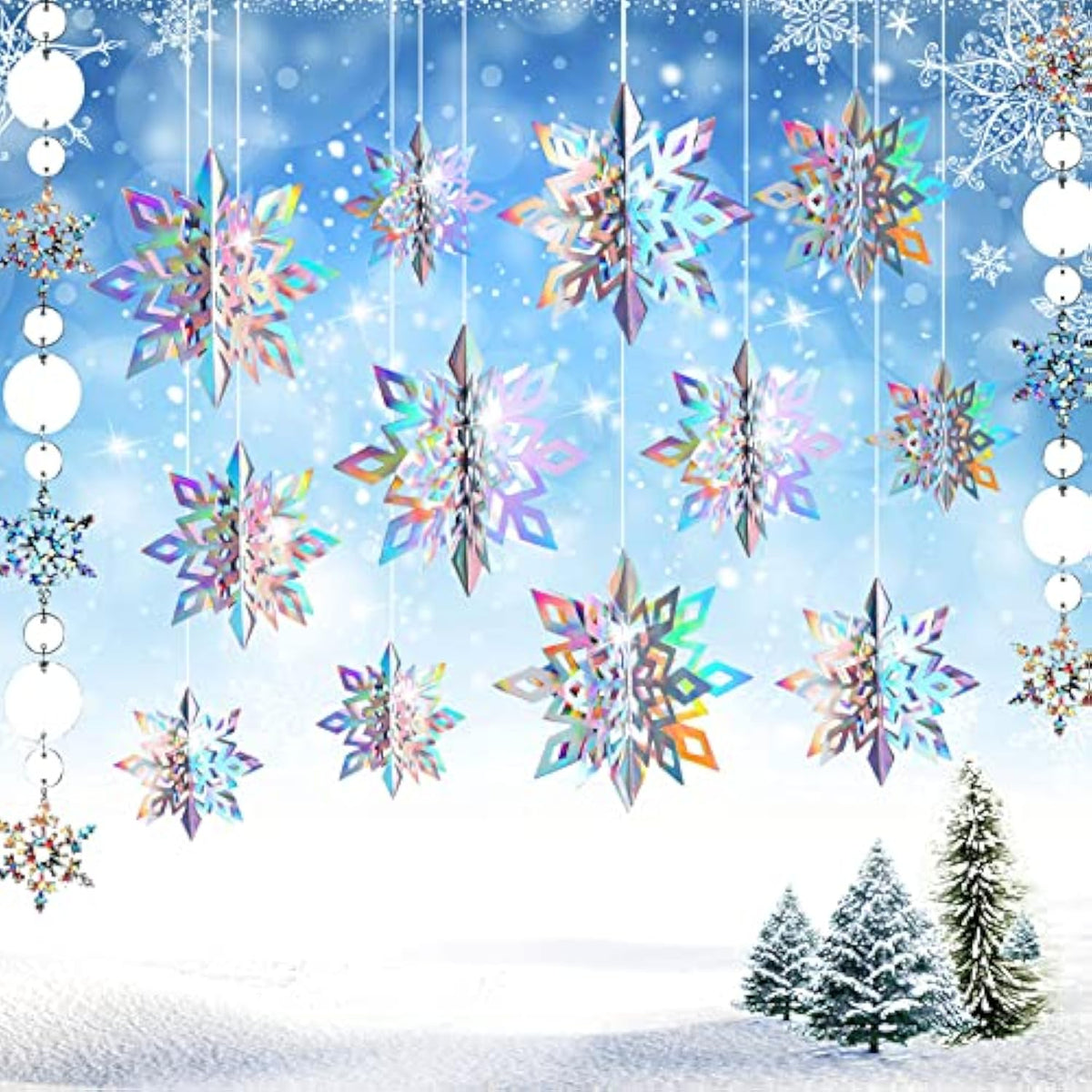 15 Pcs 3D Hanging Snowflake Decorations – Holographic Silver Garland for Frozen & Winter Wonderland Parties