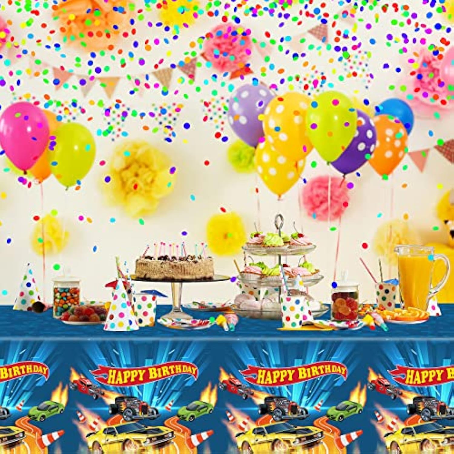 3Pieces Hot Car Themed Plastic Tablecloth Hot Race Car Birthday Party Plastic Table Covers For Kids Boys Racing Car Birthday Baby Shower Party Decorations Supplies 54X108Inch