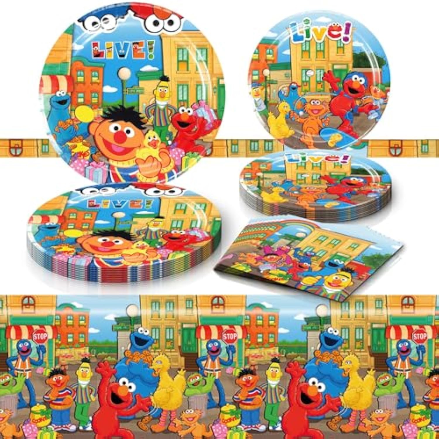 Sesame Friends Street Birthday Party Supplies, 20 Plates, 20 Napkins And 1 Tablecover For Boys Girls Sesame Theme Party Decorations