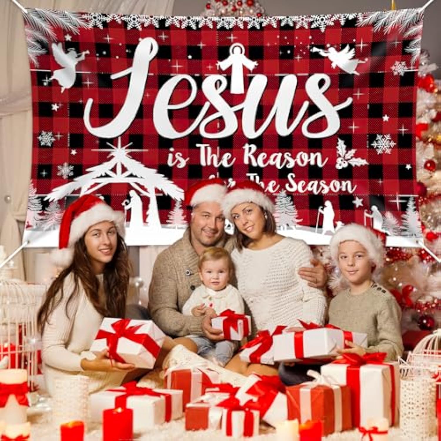 Christmas Jesus Religious Banner Xmas Holy Night Backdrop Jesus Is The Reason For The Season Red Buffalo Plaid Banner For Winter Holiday Xmas Religion Party Outdoor Decors,72.8 * 43.3 Inch