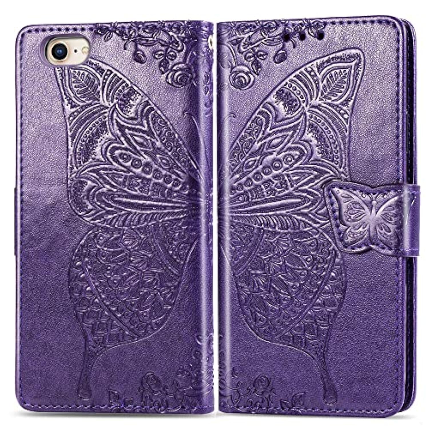 Wallet Case For Iphone Se 2020/Se 2022/Iphone 8/Iphone 7,Women Butterfly Embossed Pu Leather Stand Card Slots Wrist Strap Flip Folio Cover For Iphone 6/6S/7/8/Se 2Nd/Se 3Rd Gen (Purple)