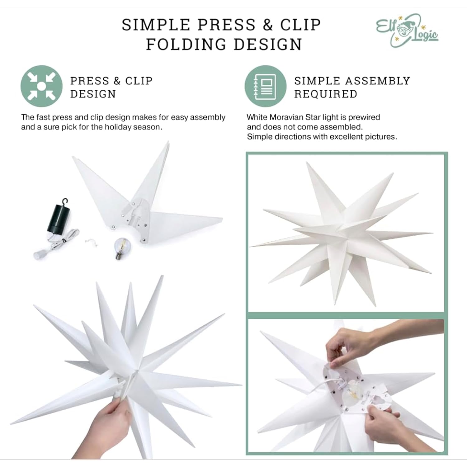 Large 18” Easy Assembly Warm White Led Moravian Star - Hanging Outdoor Christmas Light - Use As Holiday Decoration, Porc