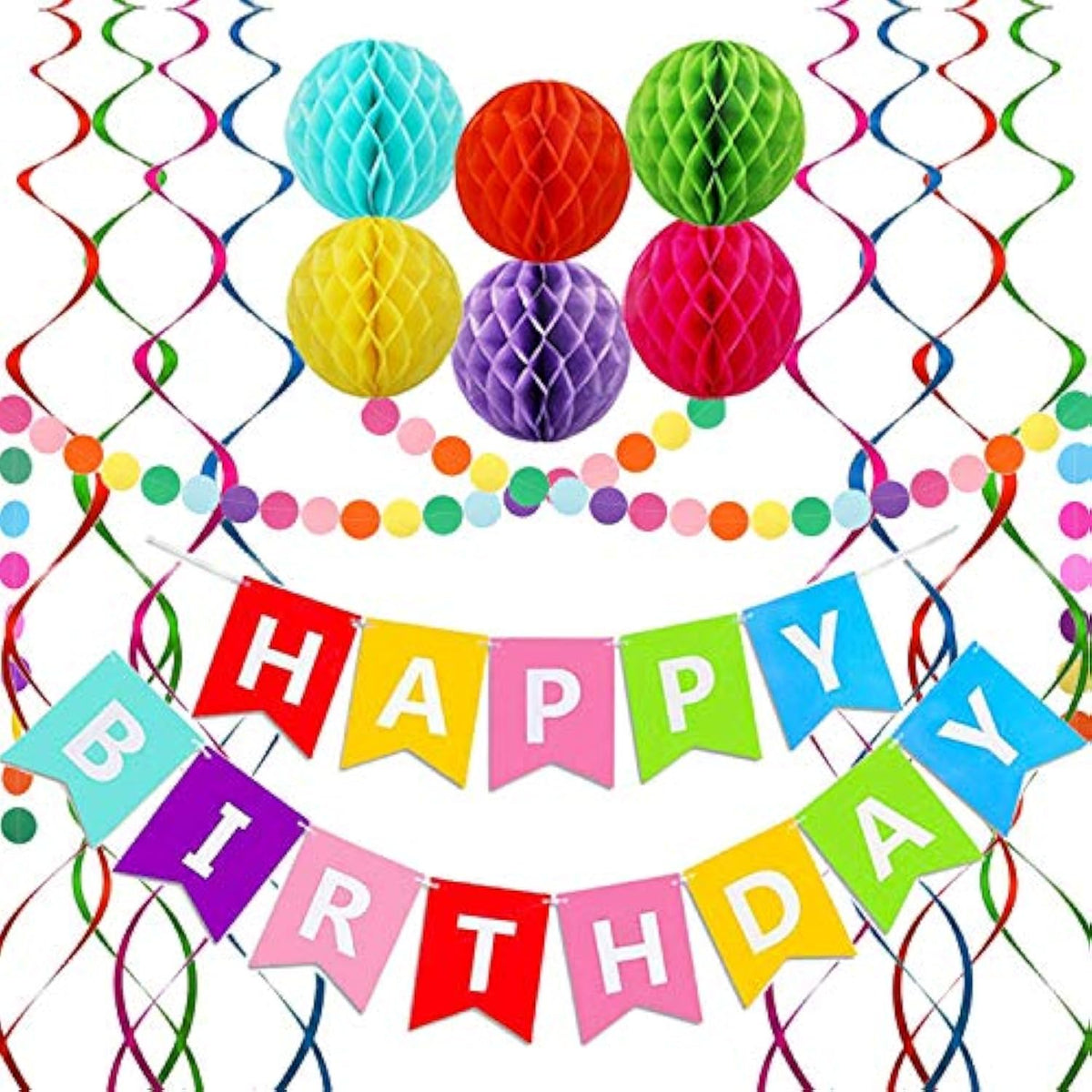 16pcs Happy Birthday Banner Set with Honeycomb Balls, Swirls & Paper Garland Decor