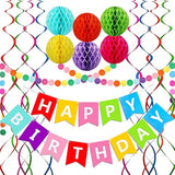 Happy Birthday Banner, Rainbow Birthday Banner, 6 Honeycomb Balls, 8 Metallic Hanging Swirls And Circle Parper Garland, Happy Birthday Decorations