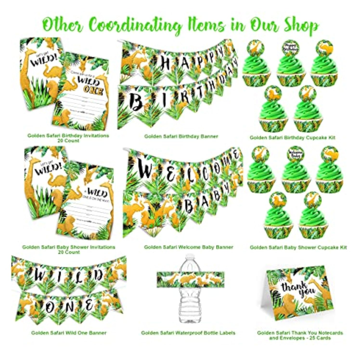 Golden Safari Birthday Party Invitations - 40 Pieces - 20 Invitations + 20 Envelopes - Jungle Party Supplies - Gold Safari Party Supplies - Gold Safari Decorations - Jungle Birthday Party Invitations - Hb 20Ct