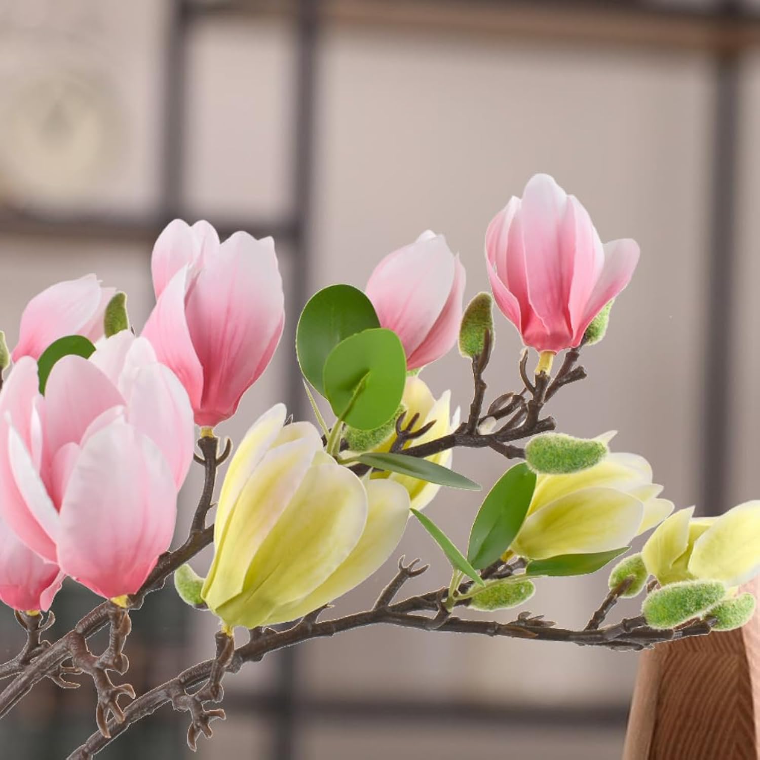3Pcs Artificial Magnolia Flowers, Fake Silk Magnolia Flower Real Touch Branches For Home Decor, Pink+Green