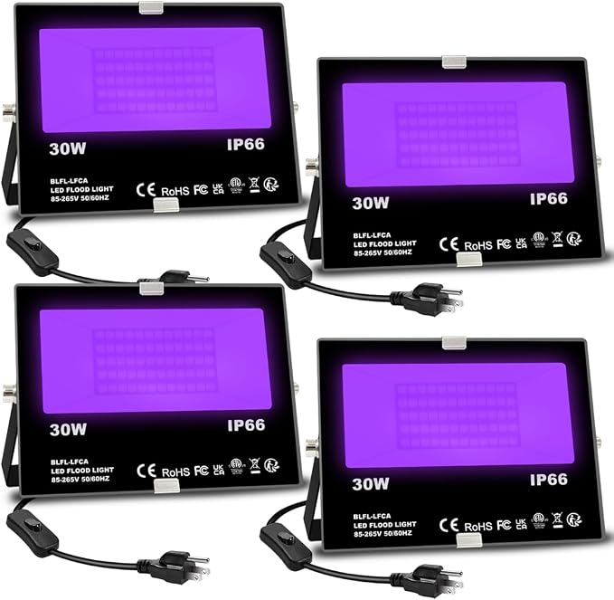 4 Pack 30W LED Black Light Flood Lights IP66 Waterproof UV Blacklights with 6.7FT Cord for Glow Party Halloween Body Paint Decor