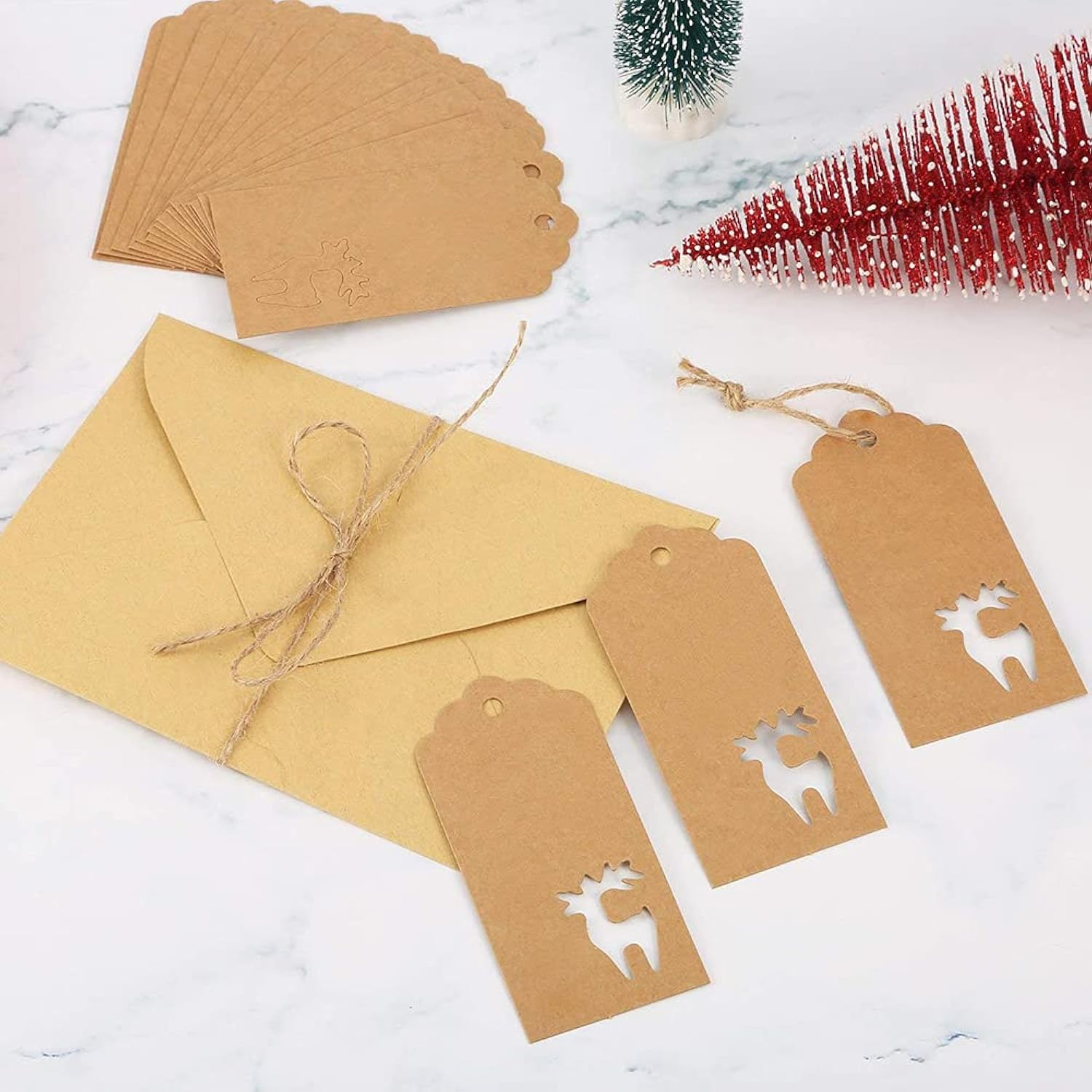 120Pcs Christmas Gift Tags Brown Kraft Paper Gift Tags Snowflake Reindeer Xmas Hanging Labels Tags With 32.8 Feet Jute Twine String For Christmas Holiday Present Wrap