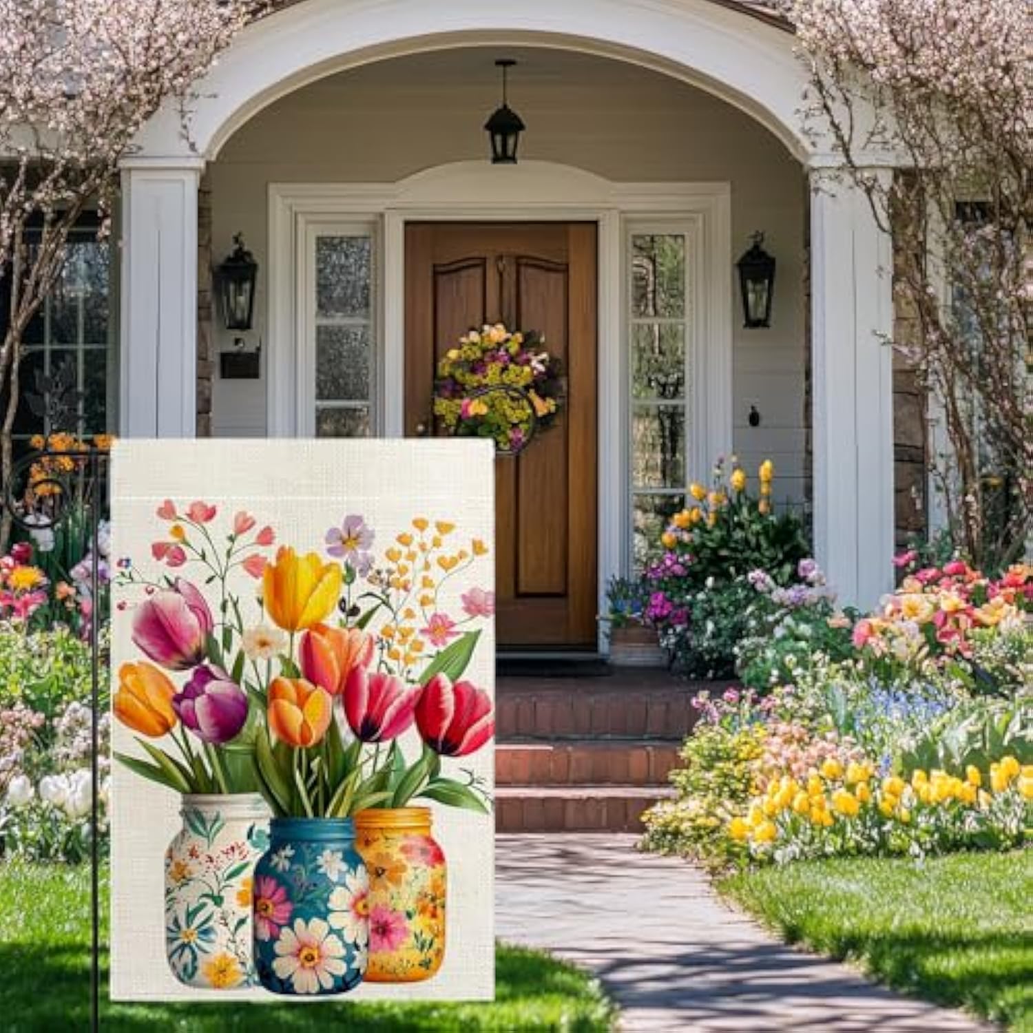 Spring Tulip Floral Mason Jar Garden Flag, Flower Welcome Yard Outdoor Flag Double Sided 12X18 Inch