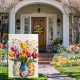 Spring Tulip Floral Mason Jar Garden Flag, Flower Welcome Yard Outdoor Flag Double Sided 12X18 Inch