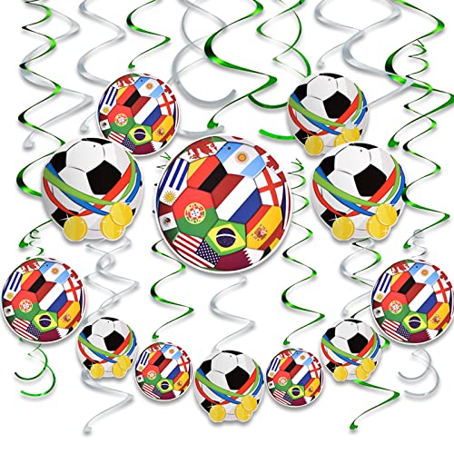 28pcs Soccer Hanging Swirls for Party Decorations, 12Pcs Soccer Flag Hanging Swirls and 16pcs Hanging Swirls for Soccer Birthday Party Home Sports Club Bar Decorations