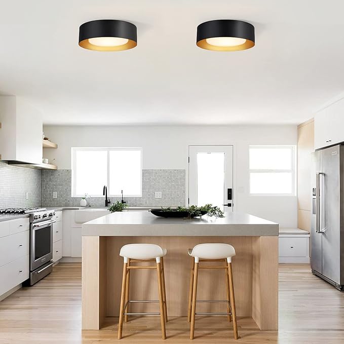 Modern Black and Gold Flush Mount Ceiling Light Glass Drum Lighting Fixture for Bedroom Bathroom Dining Room