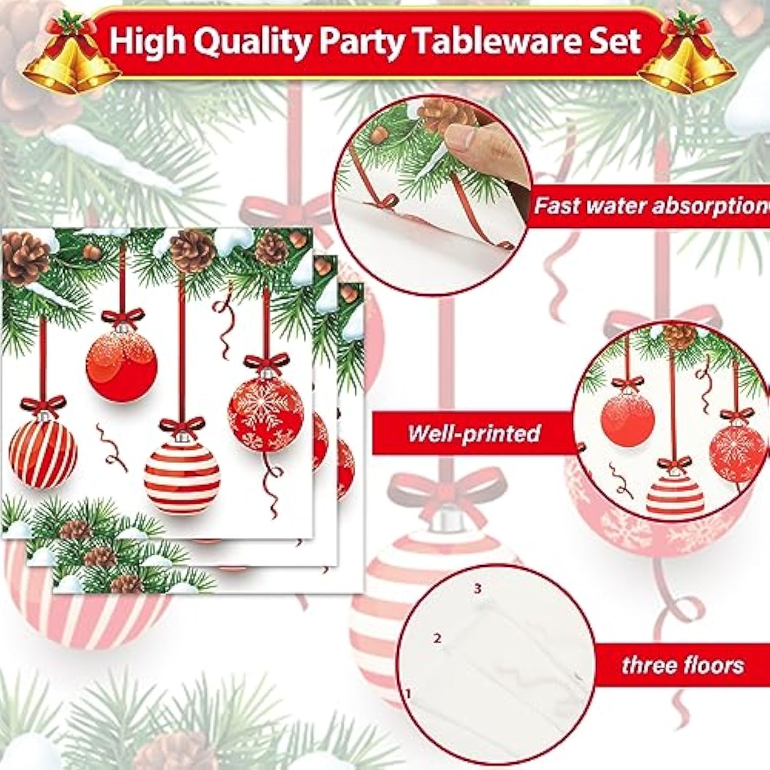 100Pcs Christmas Guest Napkins 3 Ply Holiday Disposable Paper Pack Christmas Balls Paper Luncheon Dinner Hand Napkins Beverage Disposable Napkin For Xmas Party