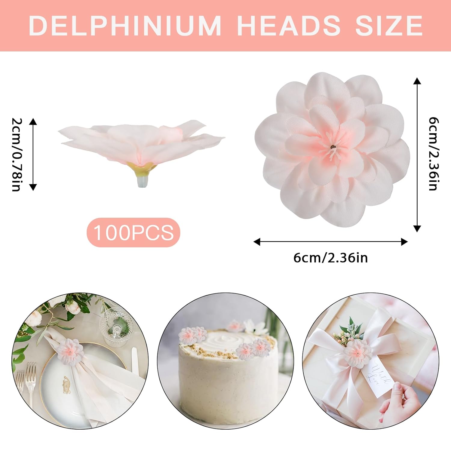 100Pcs Fake Flowers Bulk 2.3" Pink Delphinium Flowers Silk Flower Heads Mini Artificial Flowers For Crafts Diy Wedding Corsage Cake Garland Decor(Light Pink)