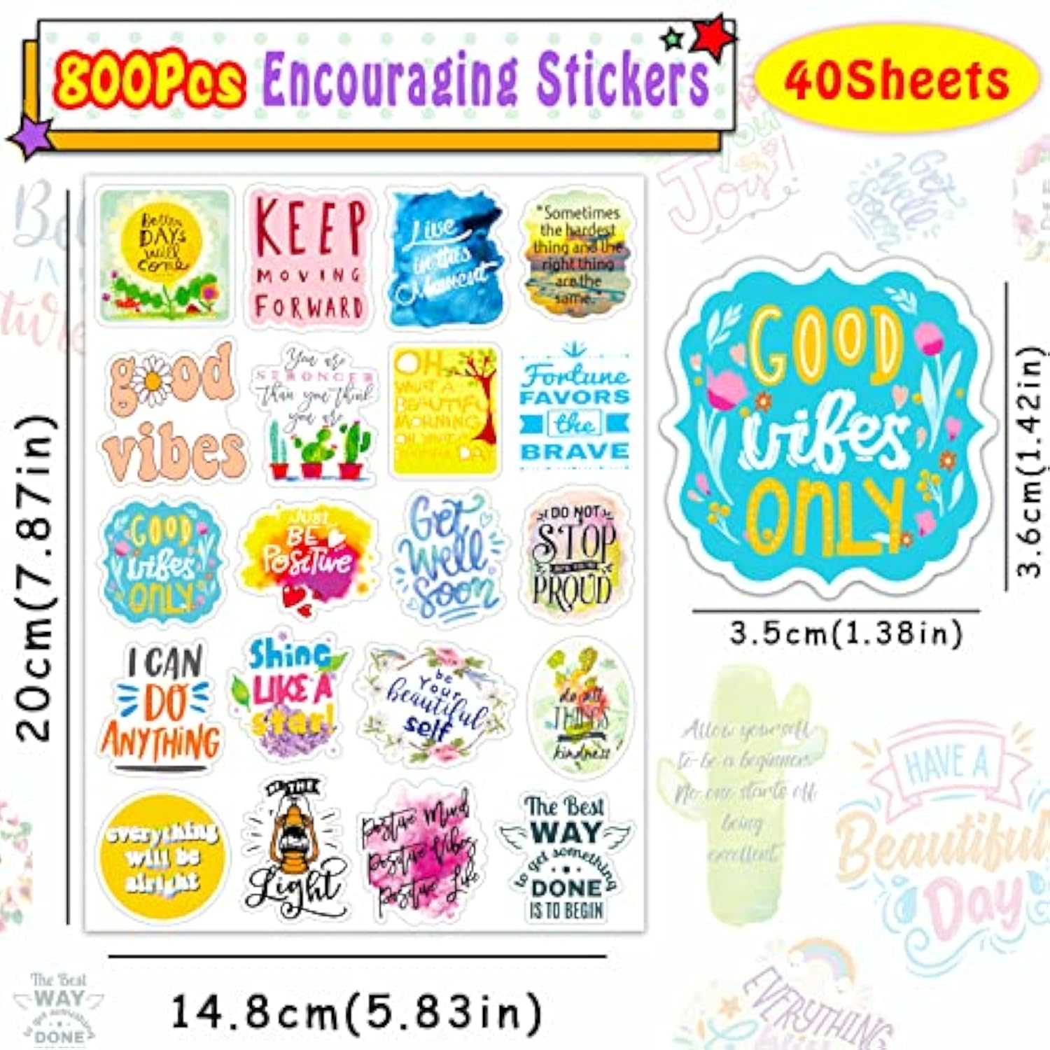 800Pcs Inspirational Quote Stickers For Envelope Seal, Thank You Card Christmas Card, Gift Box, 40Sheets Motivational Stickers For Encouraging Kids, Teens, Friends, Teachers, Affirmation Sticker