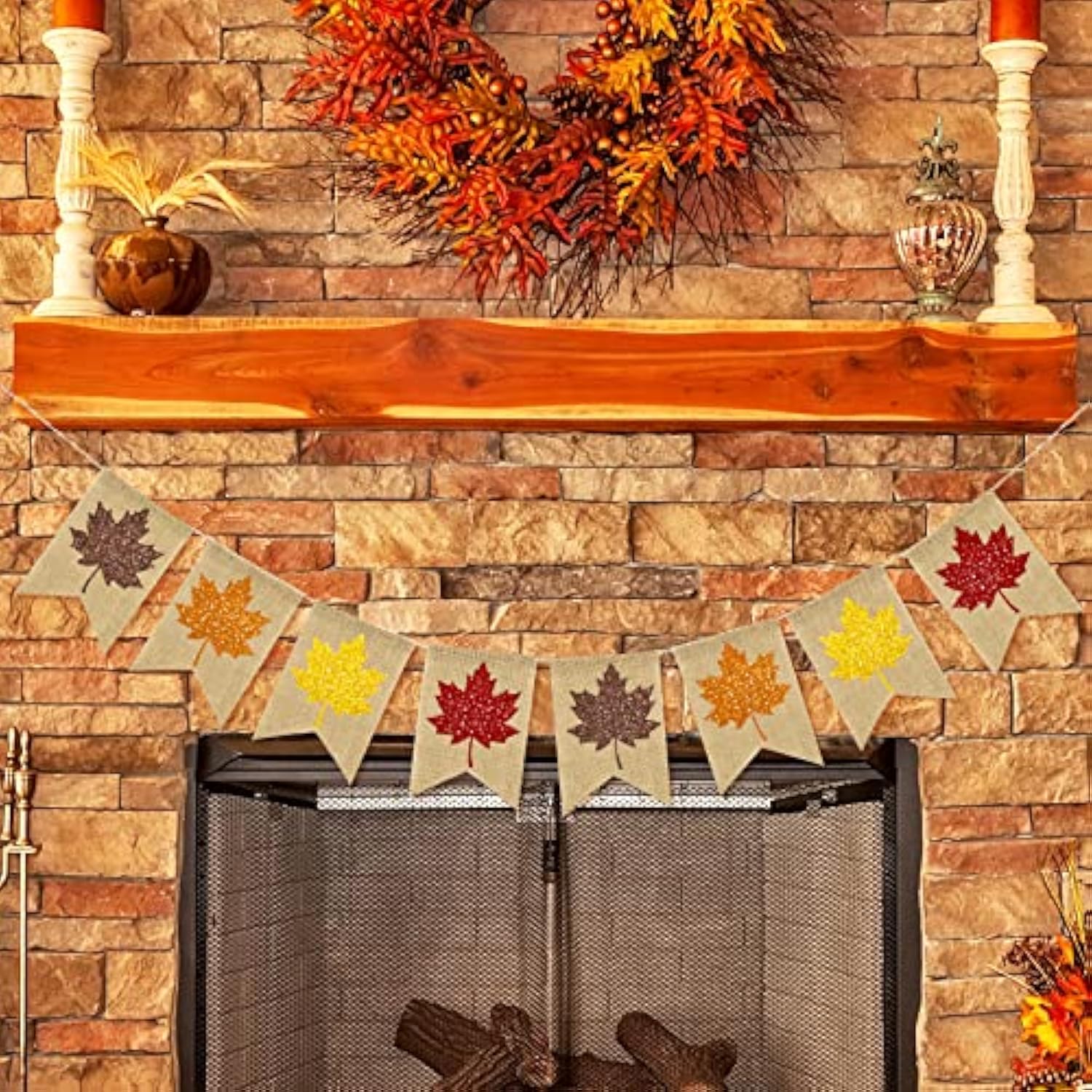 Fall Burlap Banner Glitter Maple Leaf Banner Pre-Assembled Rustic Bunting Garland Hanging Decorations For Autumn Thanksgiving Day Party Decoration Home Baby Shower Birthday Supplies