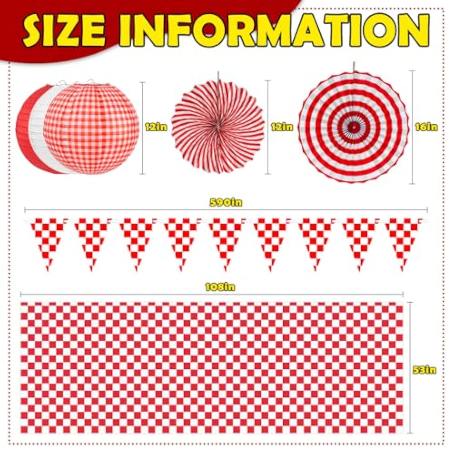 14 Pcs Red Gingham Party Supplies,Red And White Party Decorations Include Hanging Paper Fans, Paper Lanterns, Checkered Pennant Banner, Disposable Tablecloth For Bbq Picnic Themed Decorations