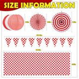 14 Pcs Red Gingham Party Supplies,Red And White Party Decorations Include Hanging Paper Fans, Paper Lanterns, Checkered Pennant Banner, Disposable Tablecloth For Bbq Picnic Themed Decorations