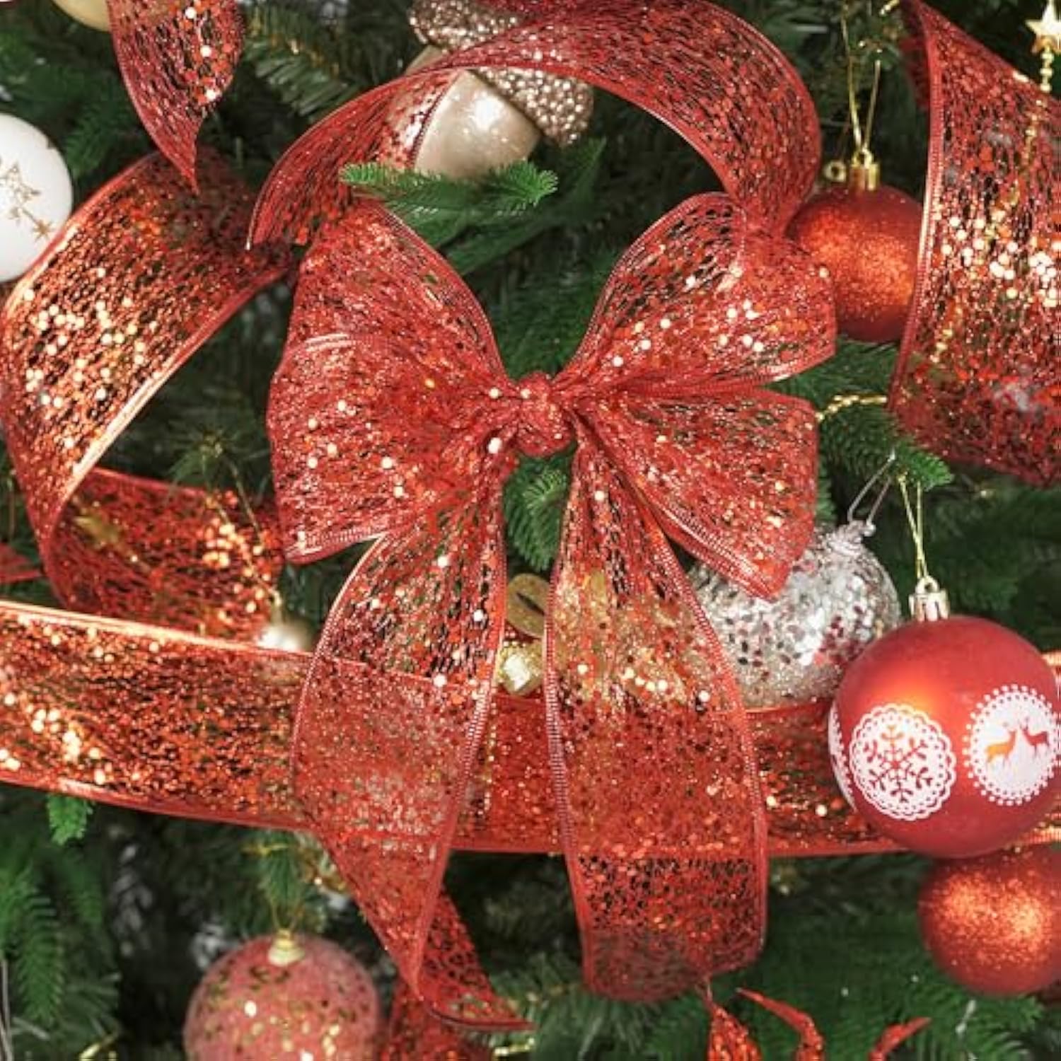 Glitter Wire Mesh Ribbon With Sparkle Red Metallic Ribbon For Christmas Tree Decoration, Garland, Wreath Bow Making (25 Yards)