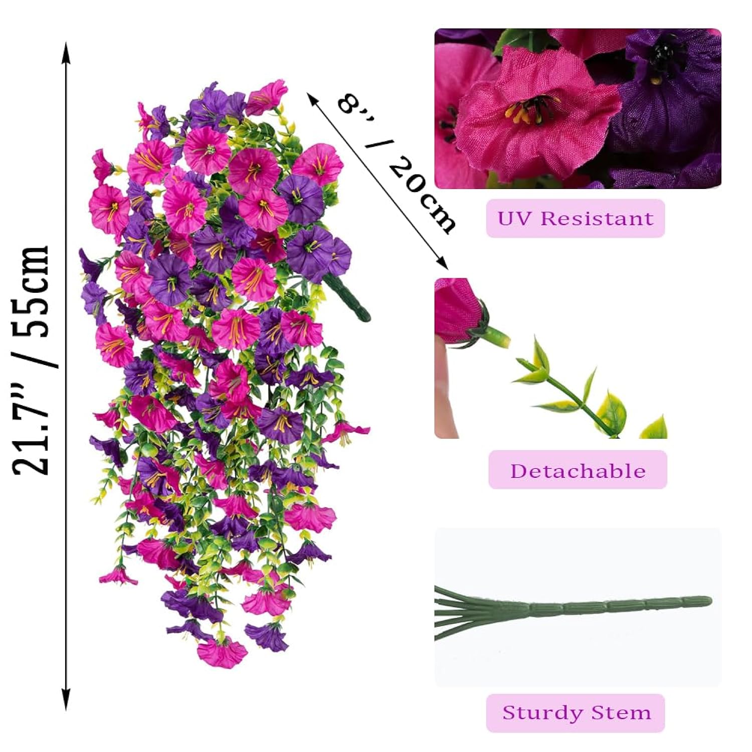 4Pcs Artificial Morning Glory Flowers With Eucalyptus Bouquet Lifelike Uv Resistant Fake Plants Silk Hanging Flowers For Outdoor Yard Porch Patio Balcony Home Decor (Purple&Fuchsia)
