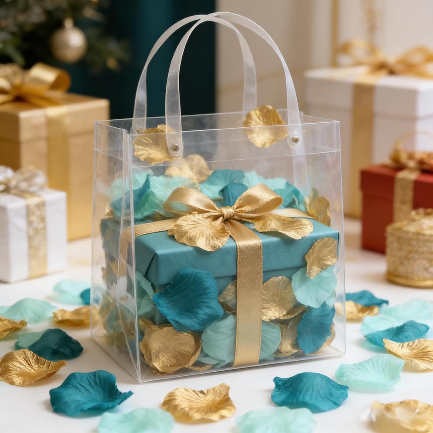 900Pcs Teal Aqua Mint Gold Silk Rose Flower Petals Party Confetti Table Centerpieces Scatters Baby Bridal Shower Wedding Favor Vase Filler Aisle Decoration