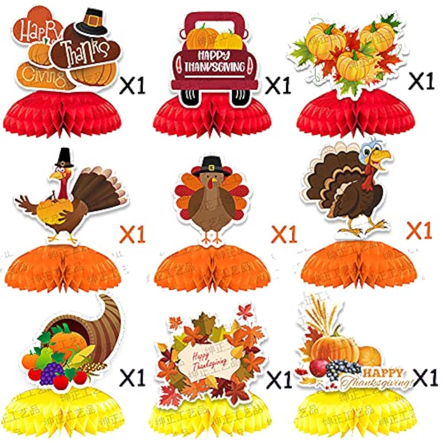 9Pcs Thanksgiving Day Honeycomb Table Centerpieces Pumpkin Turkey Mapl