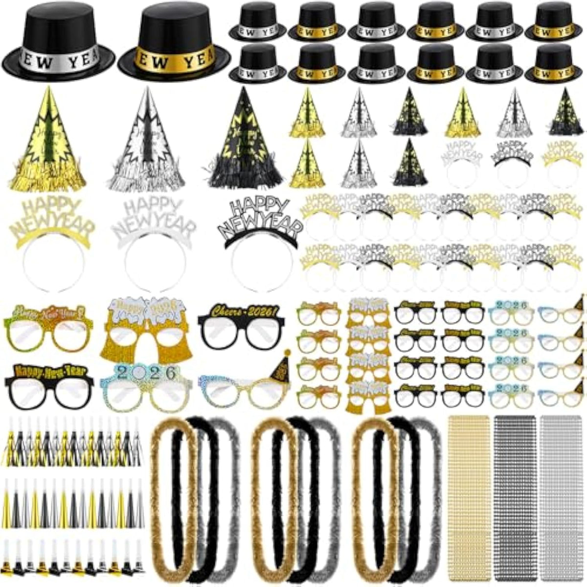402pc 2026 New Year’s Eve Party Supplies for 100 Guests Hats Glasses Favors