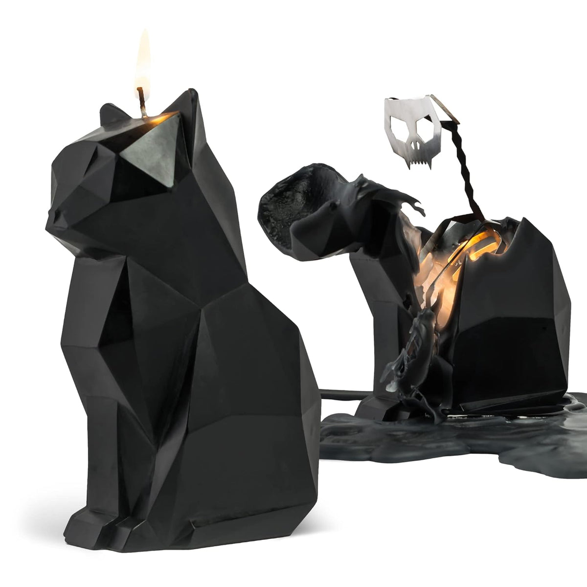 Kisa Cat Candle With Skeleton Inside, Black, 20 To 25 Hour Burn, 6.7 X 2.9 X 4.5 In Sculptural Geometric Kitty And Creepy Cute Décor, Unique Melting Christmas Gift For Cat Lovers