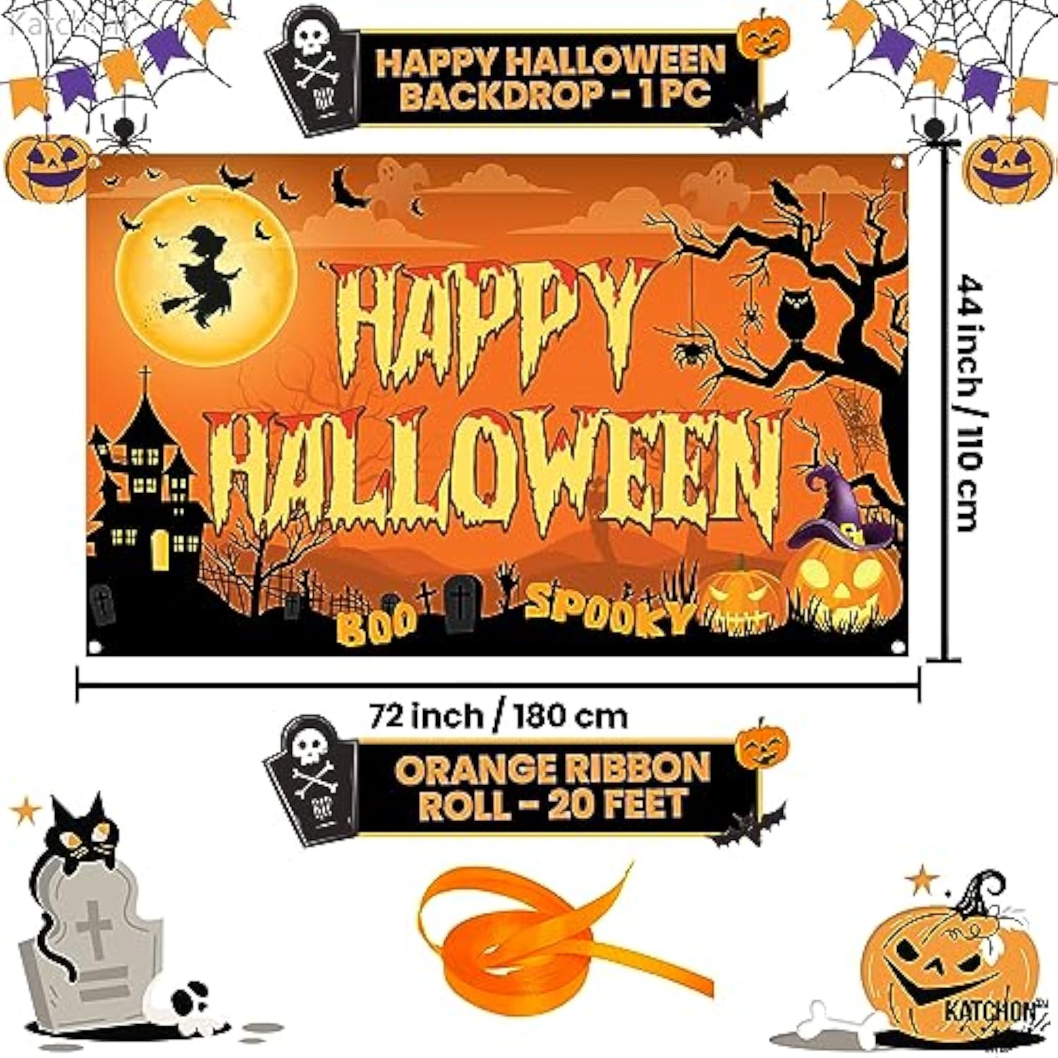 Spooky Happy Halloween Banner XL 72x44 Inch Orange Photo Backdrop for Party Decorations