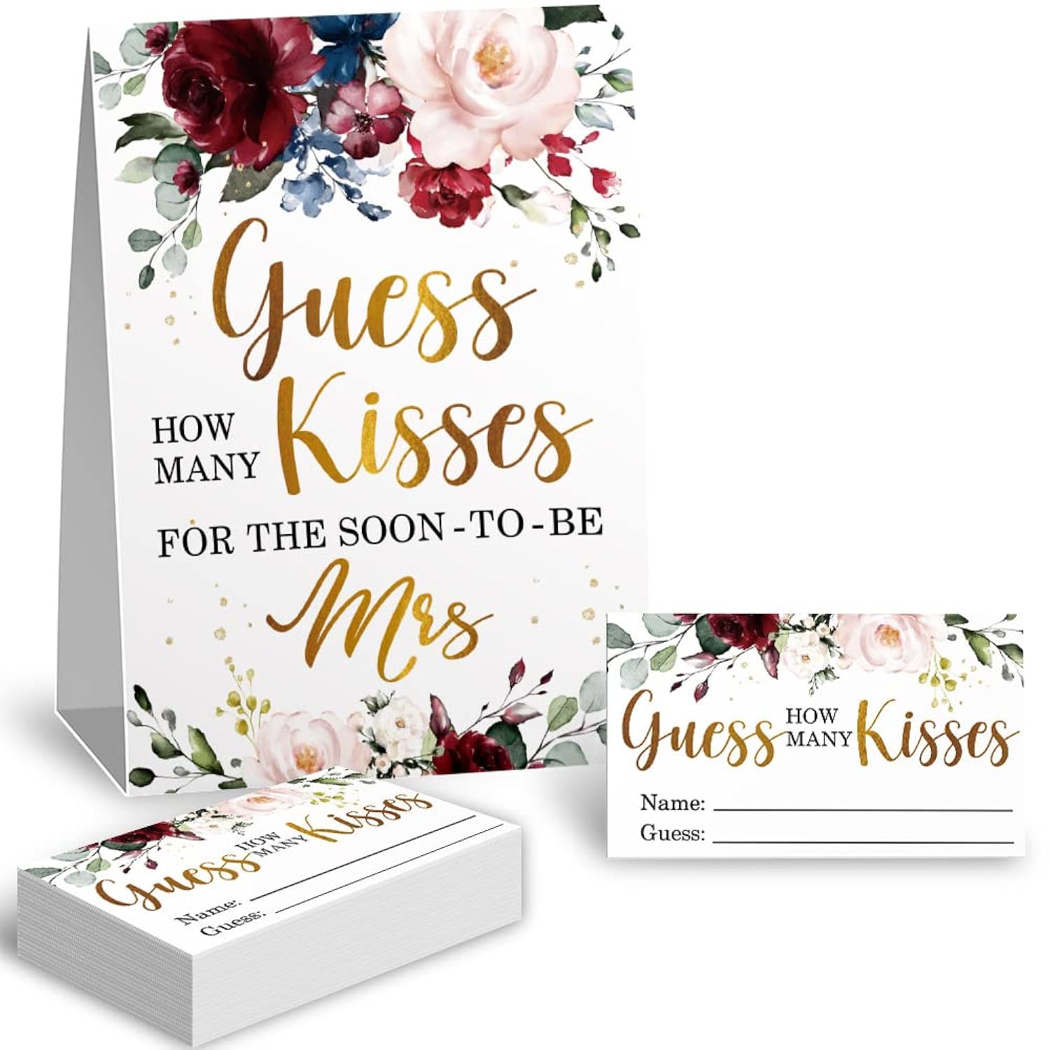 Guess How Many Kisses In The Jar Bridal Shower Game, Bridal Shower Game, Wedding Shower Games, Bachelorette Party Night, Floral Party Game Cards, Bridal Party Decorations -1 Sign & 50 Cards Set