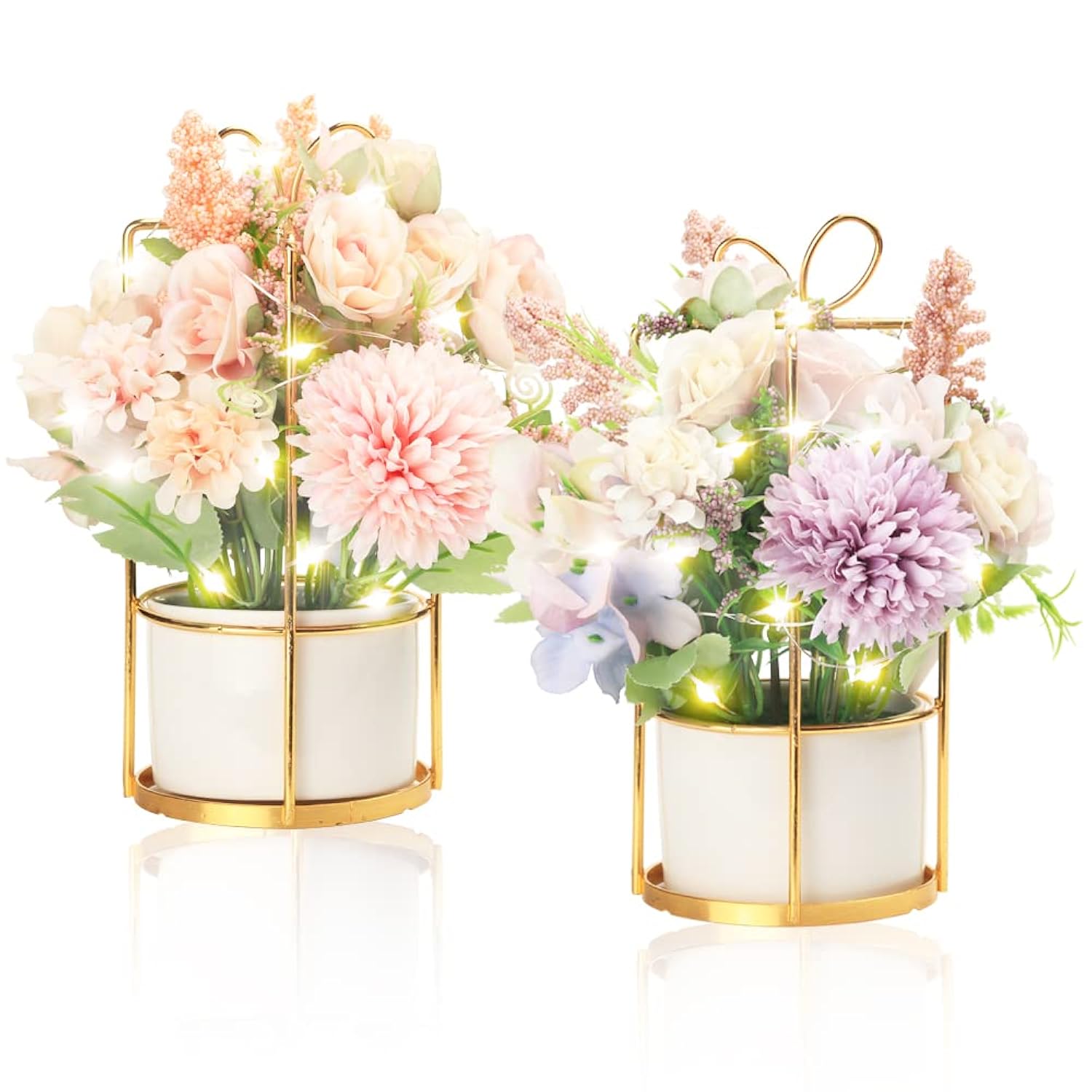 Set Of 2 Led Artificial Flowers Potted Fake Pink And Purple Flowers Hanging Potted Plants For Home Living Room Office Party Decor Decoration