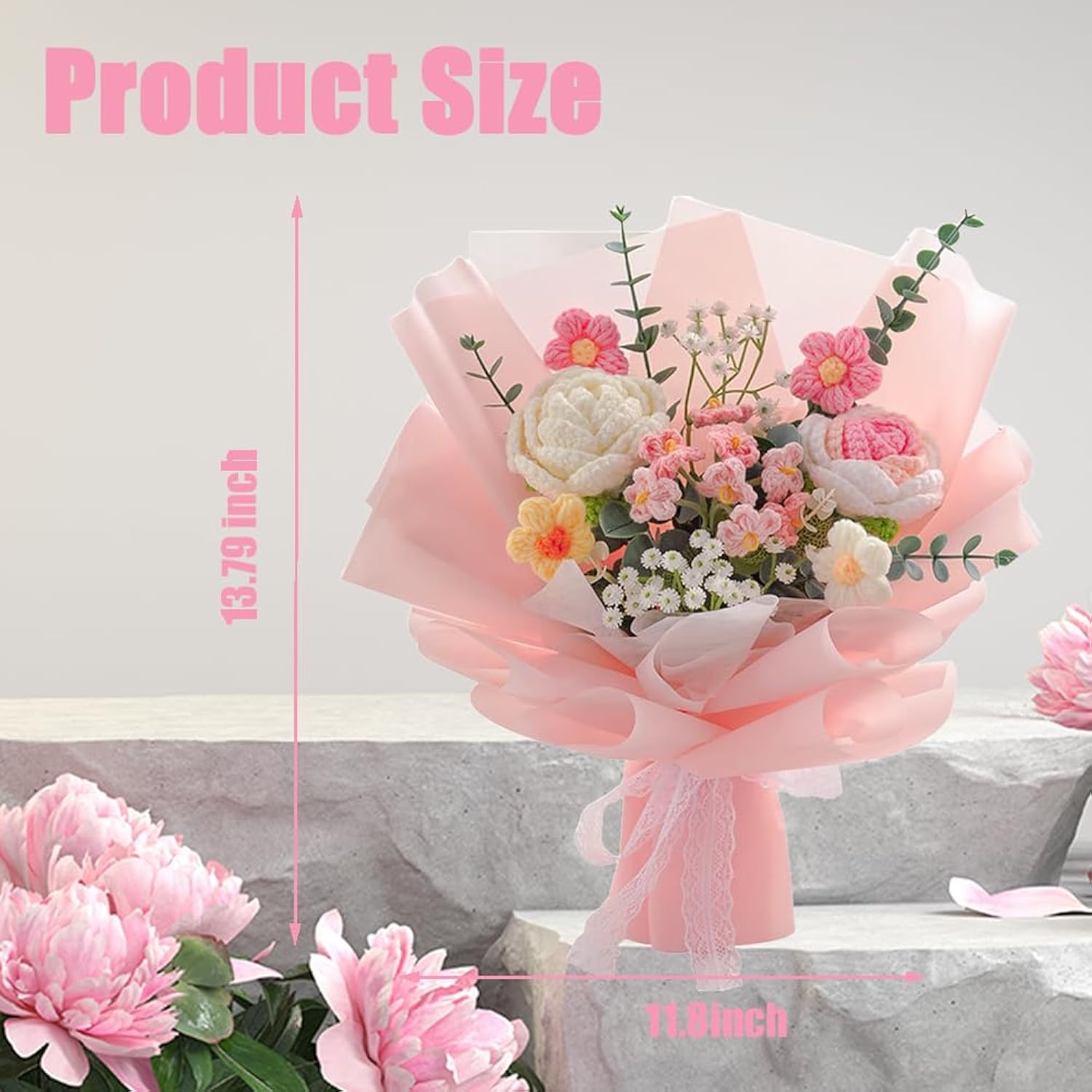 Handmade Crochet Rose Flower Bouquet: Artificial Knitted Rose Gift For Wife Mother Girlfriend For Festival Wedding Graduation Anniversary (Pink)