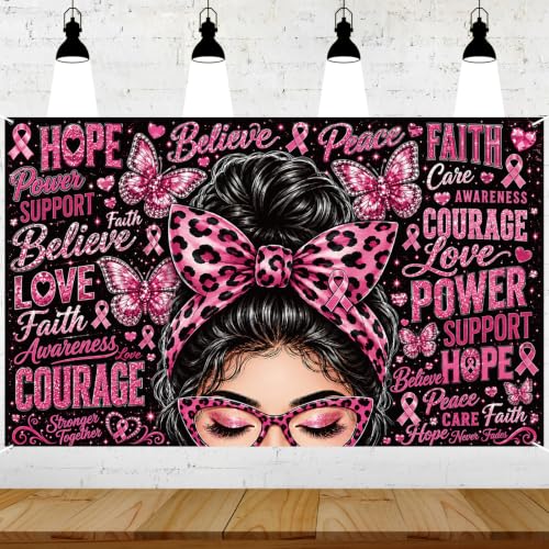Breast Cancer Awareness Backdrop Banner, Pink Ribbon Faith Hope Love Butterfly Design, Awareness Month Party Decorations for Charity Event Photo Background Home Office, 70.9 x 43.3 Inch