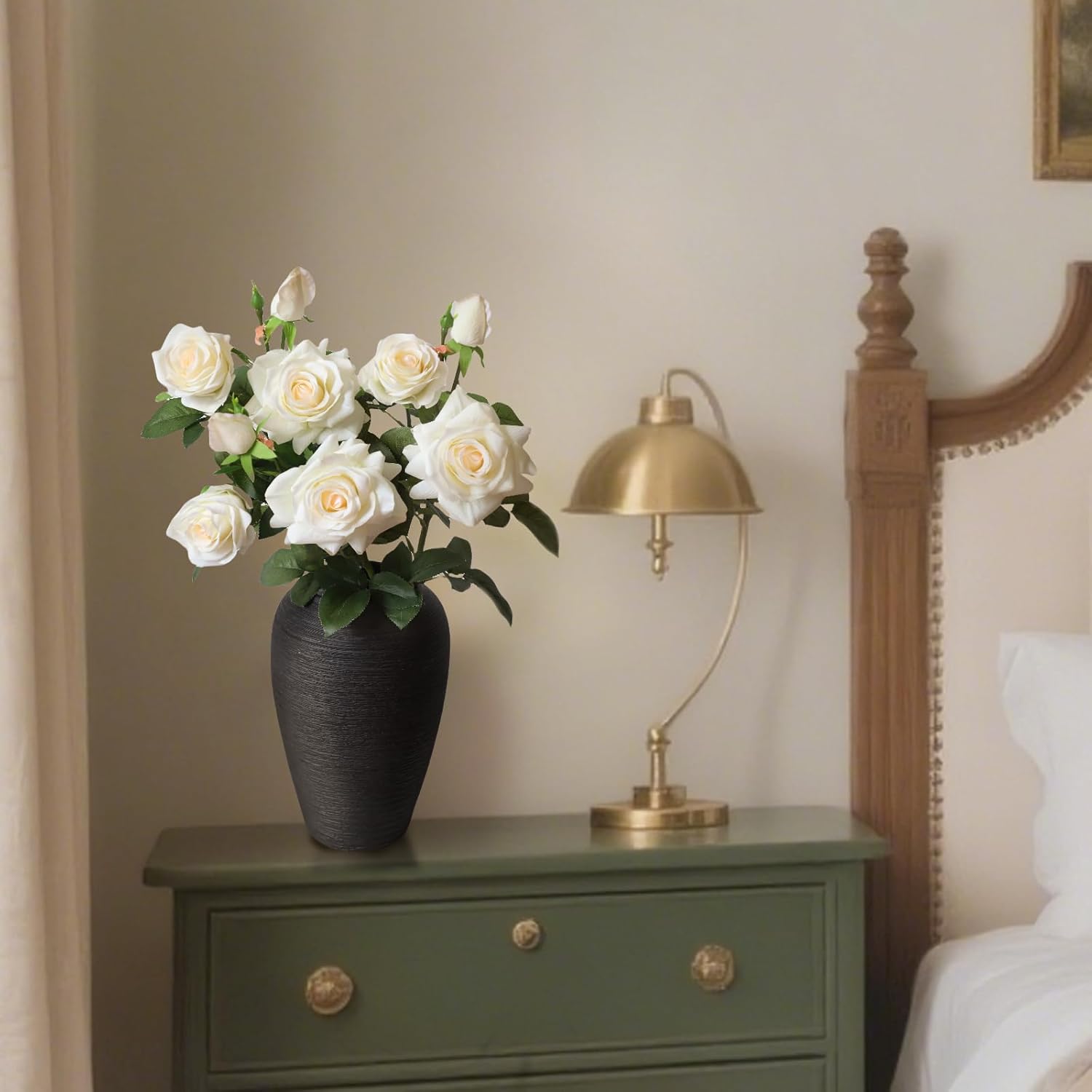 30” Real Touch Roses Cream White Flowers, 3Pcs Artificial Roses With Long Stems, 3 Blooms Per Stem Artificial Flowers, Realistic White Silk Flowers For Wedding, Home & Office Décor