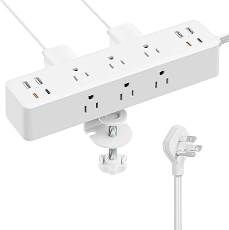 Desk Clamp Power Strip 9 Outlets 8 USB Ports 20W USB C 10FT Cord White