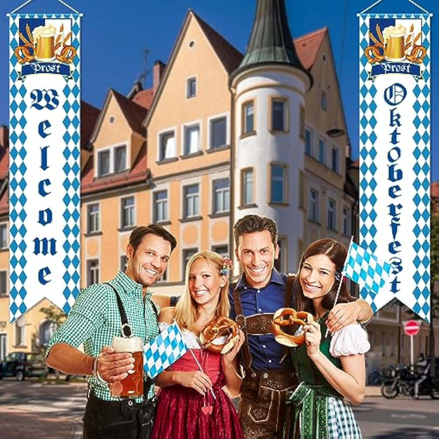 Oktoberfest Welcome Banner Decorations, Blue And White Bavarian Flag Check Welcome Porch Sign Banner, Welcome Oktoberfest Door Banner Decorations For German Oktoberfest Beer Festival Party Supplies