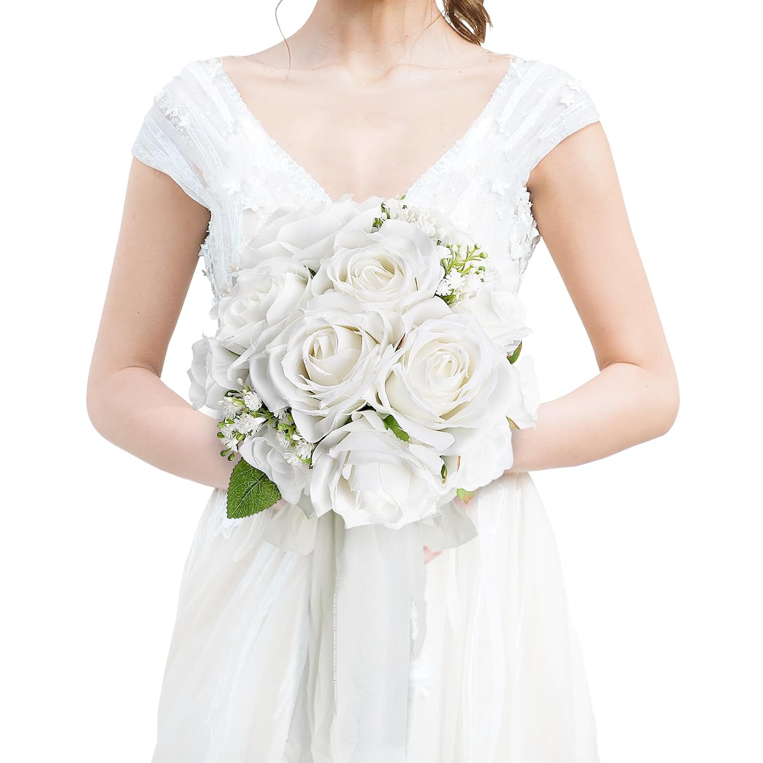 Wedding Bouquet For Bride - Premade Simple Artificial Roses Flowers For Bridal Shower Destination Ceremony Anniversary Decorations - White