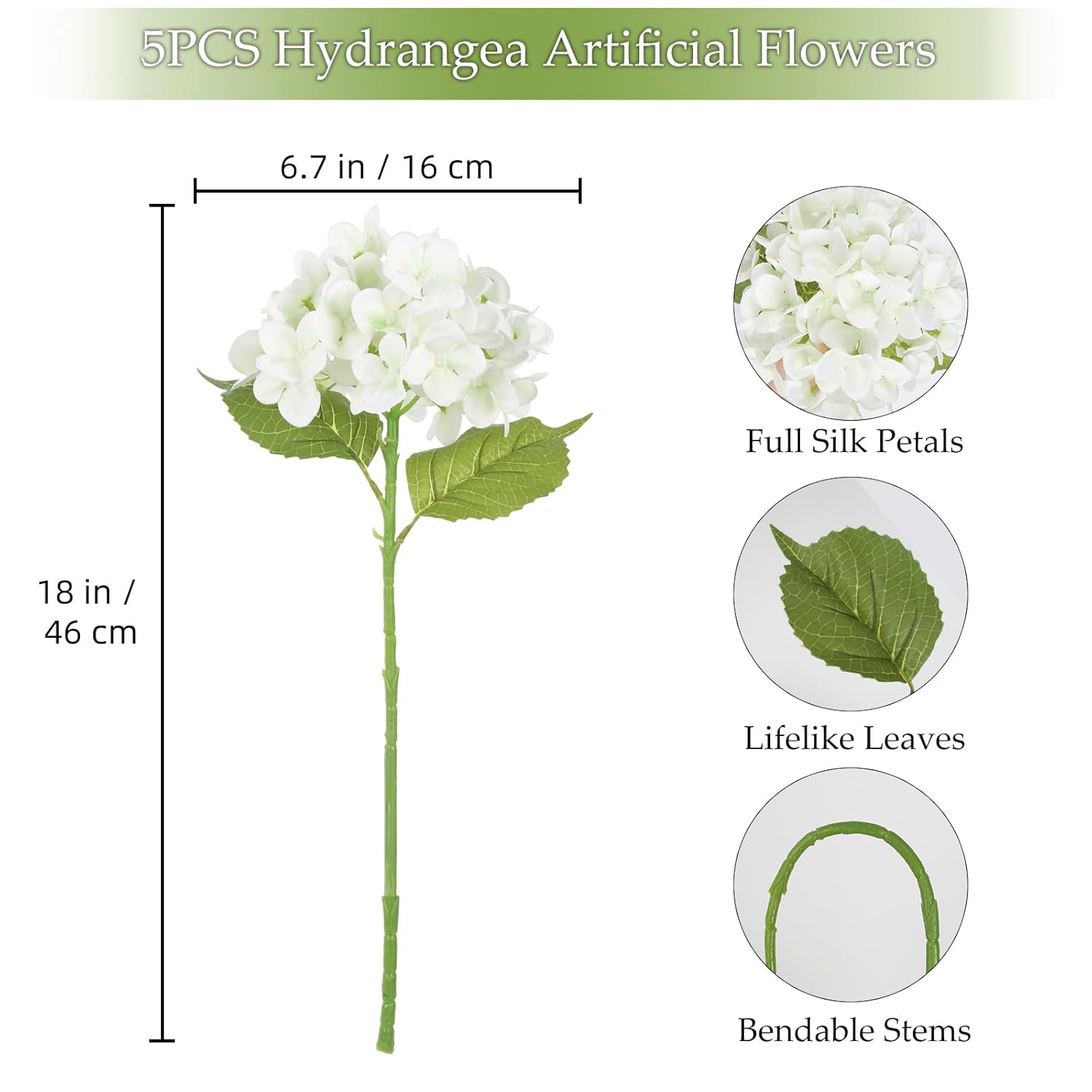 White Hydrangea Artificial Flowers 5Pcs Fake Silk Hydrangeas Faux Flowers With Stems For Vase Table Centerpiece Home Wedding Party Garden Decoration(White)