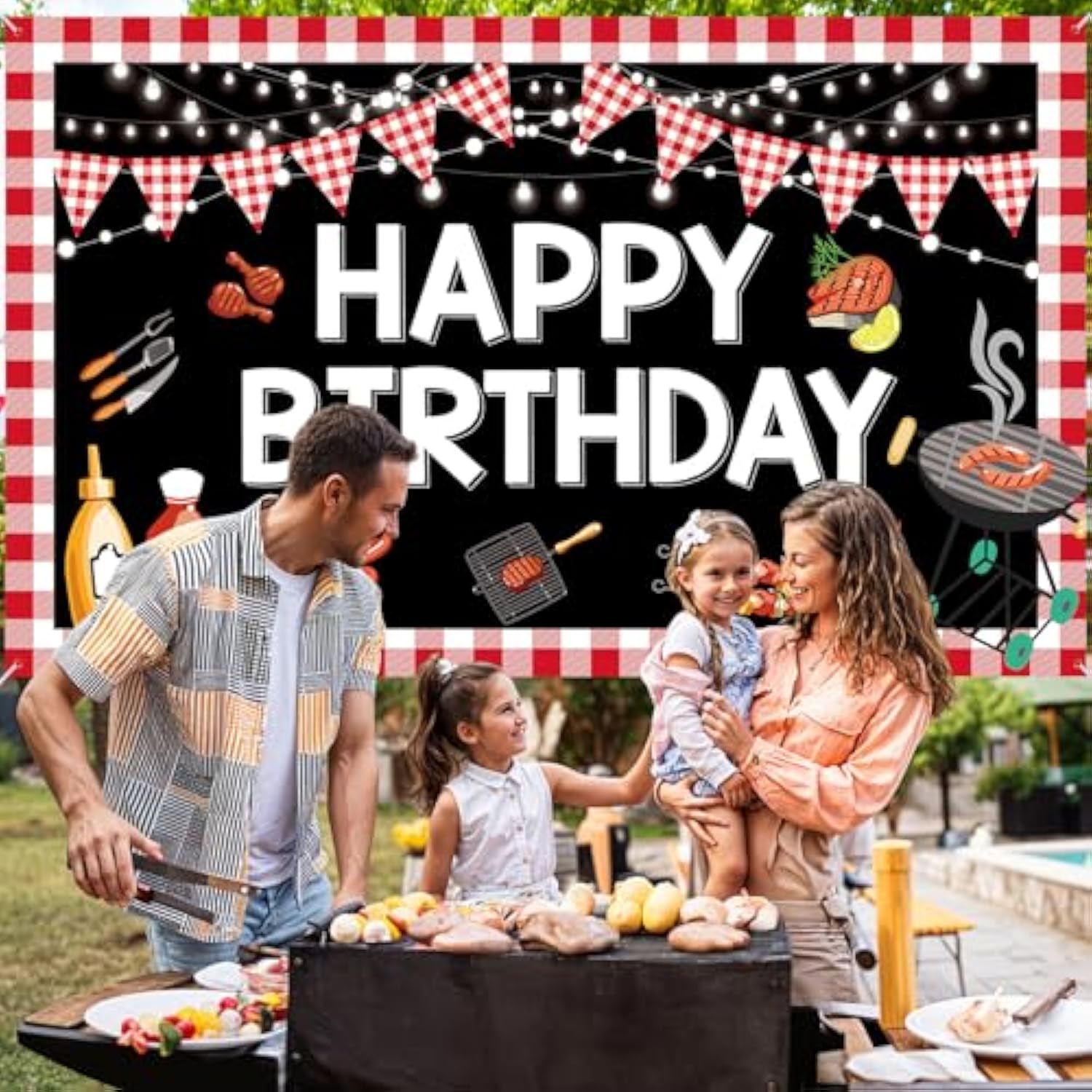 Bbq Birthday Party Decorations - Large Happy Birthday Banner, Red Gingham Picnic Backdrop For Baby Shower, Barbecue Party Supplies, Yard Outdoor 70.8 X 43.3 Inch